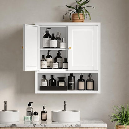 Metal Bathroom Storage Cabinet, Metal Storage Cabinet with 2 Adjustable Shelves & 2 Doors,Freestanding Sideboard for Small Spaces (White, Wall Cabinet-22.59" H)