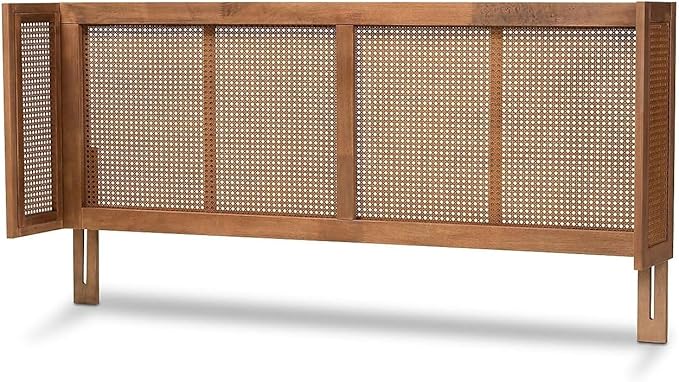 Eclectic Escape Mid-Century Modern Ash Wanut Finished Wood and Synthetic Rattan Wrap-Around Headboard Queen