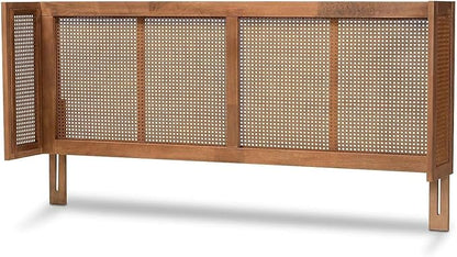 Eclectic Escape Mid-Century Modern Ash Wanut Finished Wood and Synthetic Rattan Wrap-Around Headboard Queen