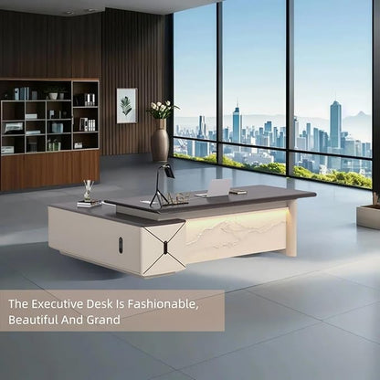 94IN L-Shaped Executive Desk with Drawer Cabinet, Executive Office Desk with LED Strip & Exquisite Handle & Fashionable Pattern Design