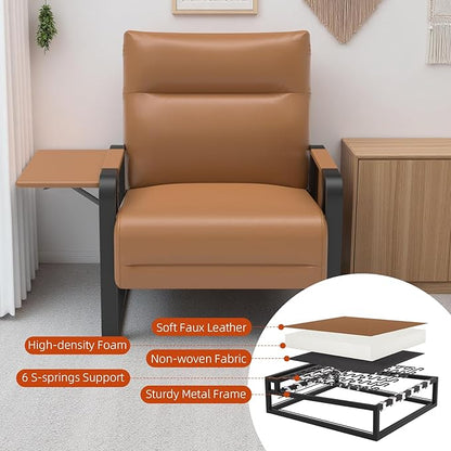Upholstered Accent Chairs Set of 2, Modern Faux Leather Sofa Chairs with Foldable Side Tray Table & Storage Pocket, Small Accent Sofas for Living Room, Bedroom, Brown