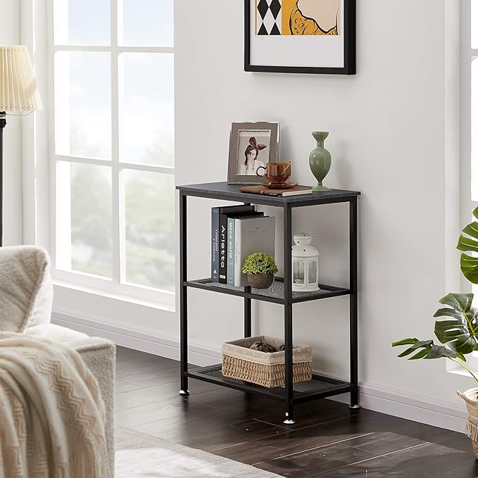 VECELO Tall End Side Tables, 30" Height Nightstand with 3-Tier Storage Shelf for Bedroom Living Room, Easy Assembly,Industrial Style, Carbon Grey