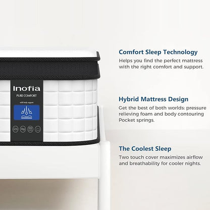 Inofia 12 Inch King Mattress, Hybrid Innerspring King Size Mattresses, Cool Bed with Breathable Soft Knited Fabric Cover, 101 Nights Trial