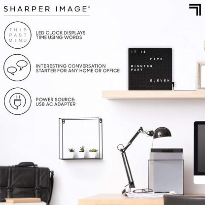 Sharper Image LED Word Digital Clock, 7.75", Black Finish, Light-Up Desk & Wall Clock, Modern Time Display, Shelf or Wall Decor for Home Office, Living Room, Kitchen & Bedroom, Housewarming Gift