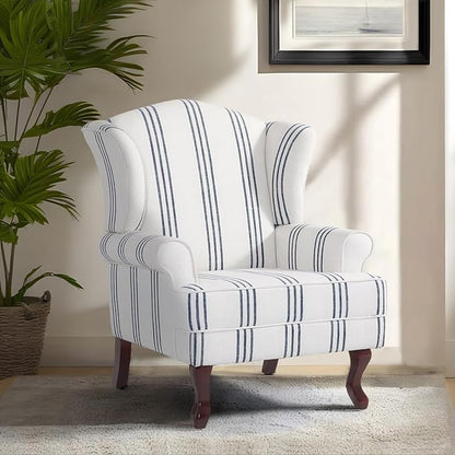 Pia Ricco Set of 2 Stripe High Back Accent Chairs: Upholstered Fabric Armchairs with Solid Wood Legs - Retro Living Room Pair, Comfy Reading Sofa Seats-Navy