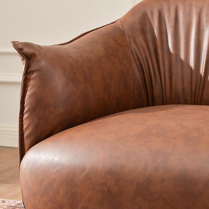 KINWELL 33" W Faux Leather Barrel Chairs Set of 2 with Hand-Tufted Pleated Back Flared Arms, Modern PU Upholstered Accent Chairs with Metal Legs, Large Armchairs Lounge Chairs for Living Room, Brown
