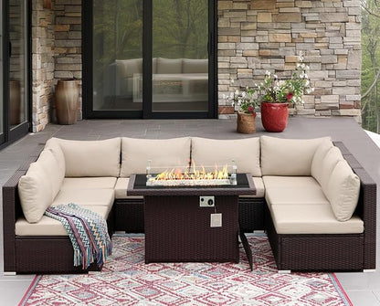 NICESOUL 9 Piece Modern Extra-Large Outdoor Patio Sectionals with Fire Pit Table Natural Gas & Propane, 29.3'' High Back Comfortable Conversations for Outside, Deep Seating Modular Sofa Couches, Tan