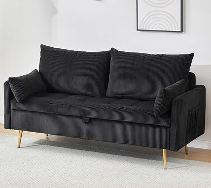 Furnimart 2-Seater Storage Loveseat for Small Spaces, 62“ Corduroy Couch with Removable Cushion Cover and Metal Leg for Bedroom, Apartment, Tiny Homes and Lofts, Black