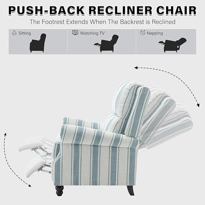UIXE Pushback Recliner Chair Accent Chairs, Fabric Armchair Push Back Club Arm Chair for Living Room, Rivet Trim Overstuffed Home Theater Single Sofa Bedroom Reading Seat with Footrest - Stripe Blue
