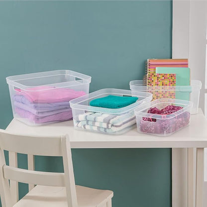 Sterilite 8.25x12.25x15 Inch Modern Polished Storage Bin w/Comfortable Carry Through Handles & Banded Rim for Household Organization, Clear (24 Pack)