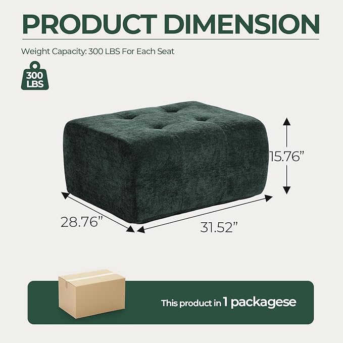 Cloud Ottoman, Modern Boneless Modular Footstool for Modular Sectional Couch for Living Room, No Assembly, Green