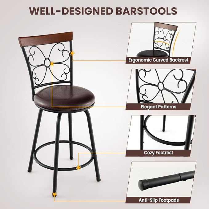 COSTWAY Bar Stools for Kitchen Island, 24/30 Inch Adjustable Seat Height Swivel Barstools Set of 4, Cushioned Seat & Cozy Backrest, Extra Leg Tubes for Height Adjustment, for Kitchen, Bar (4)