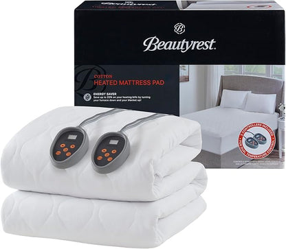 Beautyrest Cotton Heated Mattress Pad - Bed Warmer with 20 Heat Settings Controller, Auto Shut Off Timer, All Around Elastic Deep Pocket, UL Certified, Machine Washable, White King