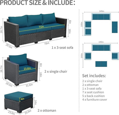 Rattaner Patio Furniture Set 5-Piece Outdoor Furniture Sets Patio Couch Outdoor Chairs Patio Ottomans with Anti-Slip Cushions and Waterproof Covers, Peacock Blue
