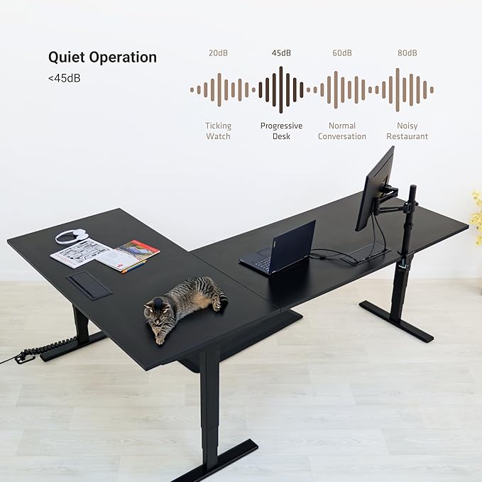 Progressive Desk Stand Up Height Adjustable Standing Desk - L Shaped 85" x 72" Corner Computer Rising Workstation Electric Table - Bright Beech, Black Frame
