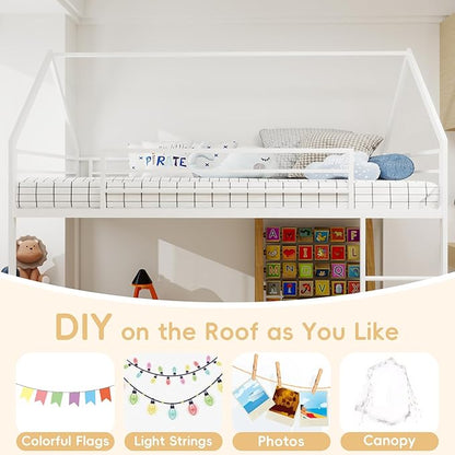 Bunk Bed Twin Over Twin, House Bunk Bed Frame with Ladder and Guardrail, House Shaped Bunk Bed Frame with Metal Slats for Girls Boys, Space Saving, No Box Spring Needed (White)