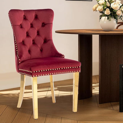 Velvet Upholstered Dining Chairs Set of 4, Modern Style Kitchen Side Chairs with Nailhead Trim and Gold Plated Leg, Metal Pulling Ring for Dining Room Living Room(Wine Red-Gold Plated Leg)