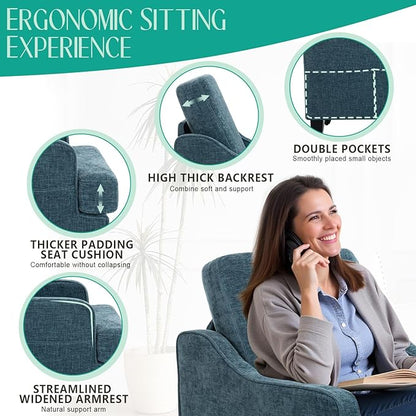 Modern Accent Chair for Bedroom Upholstered Reading Chair with Side Pockets Comfy Living Room Chairs Living Room Armchair for Office, Apartment (Blue Chenille)