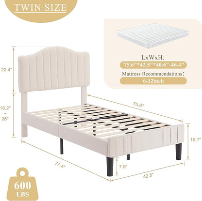 VECELO Twin Bed Frame Upholstered Platform Bed Frame with Height Adjustable Teddy Fabric Headboard, Strong Wood Slats Supports 7.9'' Under Bed Space Noise Free No Box Spring Needed, Beige