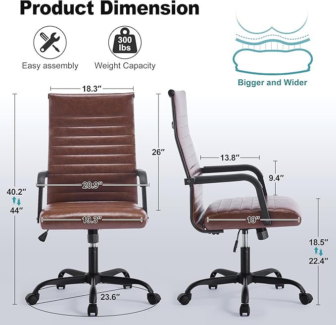 Office Desk Chair, Ergonomic Conference Room Chairs, PU Leather Executive Ribbed Computer Chair, Swivel Rolling Chair for Home Office