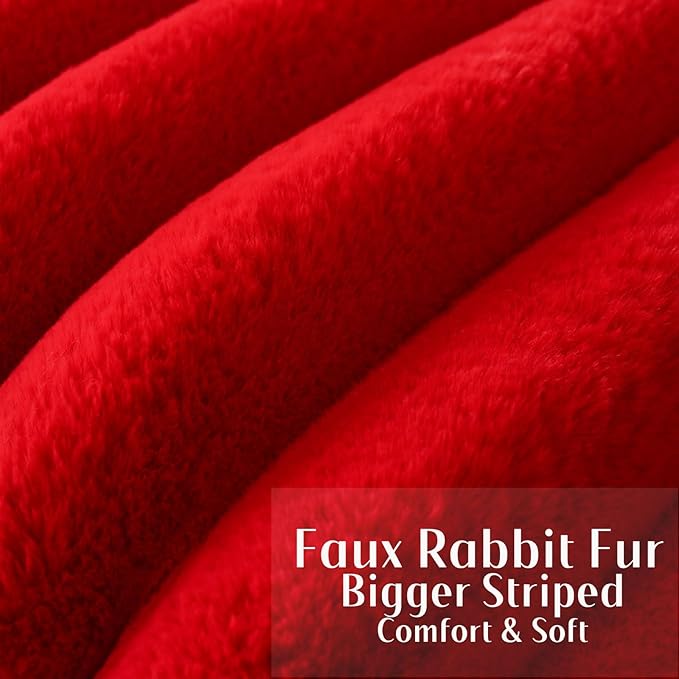 FUTEI Christmas Red Decorative Throw Pillow Covers 26x26 Inch Set of 2, Square Soft Faux Rabbit Fur Thick Striped Euro Pillow Shams,Winter Home Decor for Couch Bed Living Room