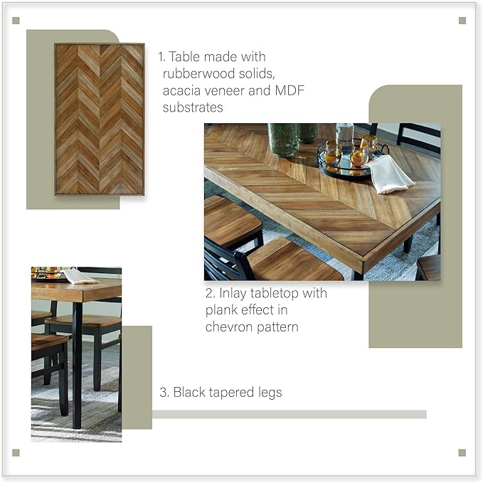Signature Design by Ashley Blondon Rectangular Dining Room Table Set with 6 Chairs, Chevron Pattern, Tapered Legs, Seats 6, Wood, 60" Long, Brown & Black