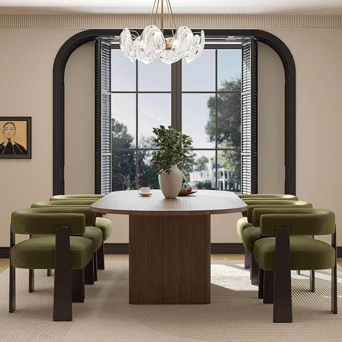 Modern Dining Chairs Set of 6, Upholstered Velvet Barrel Accent Chairs with Backrest & Arms, Wide and Thicker Padded Kitchen Side Chair with Wooden Legs for Dining Room, Livingroom, Dark Green