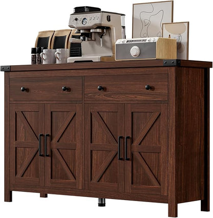 Buffet Cabinet with Storage Farmhouse with 4 Doors and 2 Drawers, 55'' Large Kitchen Storage Cabinet Cherry Wood Coffee Bar Buffet Sideboard for Kitchen, Dining Room, Living Room