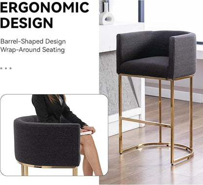 Contemporary Charcoal Linen Bar Stool, 32" Upholstered Fabric Counter Height Barstool Kitchen Counter Island Stool with Golden Metal Base