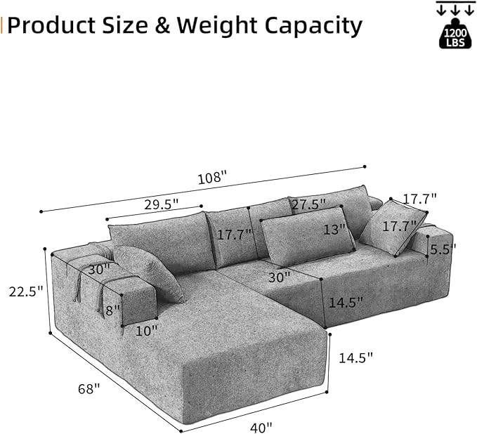108" Modular Sectional Couch Sofa with L-Shape Chaise, Modern Cloud Comfy Sofa with Deep Seat, Upholstered Couches for Living Room Bedroom, No Assembly Required (Black Left Facing Chaise)