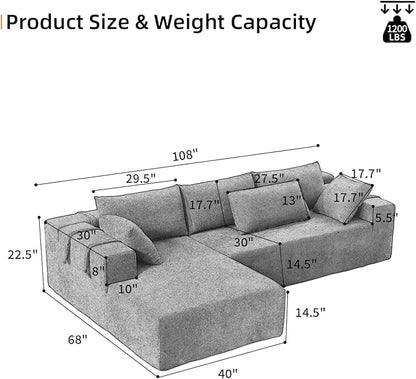 108" Modular Sectional Couch Sofa with L-Shape Chaise, Modern Cloud Comfy Sofa with Deep Seat, Upholstered Couches for Living Room Bedroom, No Assembly Required (Green Left Facing Chaise)