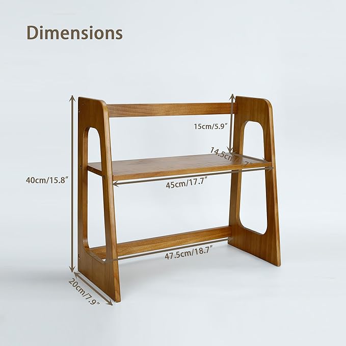 Solid wood walnut-colored bookshelf, book organizer, 17.5-inch multifunctional desktop bookshelf and countertop display stand. Perfect for kitchen storage, arranging books, teacups, and toys.