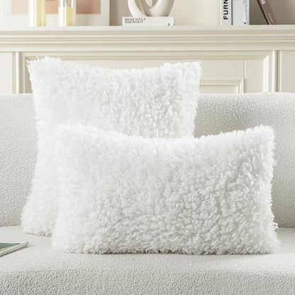 FUTEI Cream White Decorative Throw Pillow Covers 24x24 Inch Set of 2,Soft Fluffy Faux Wool Fur Boucle Textured European Cushion Case,Modern Home Decor for Couch Bed Living Room Office
