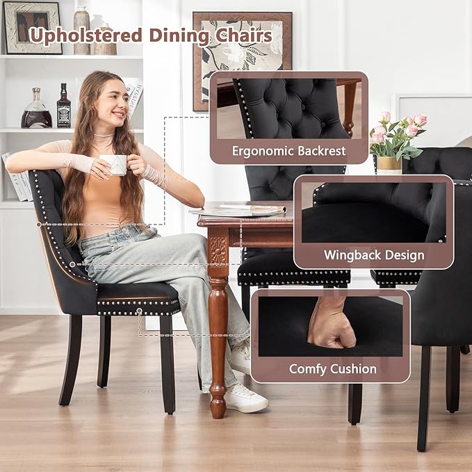 Velvet Dining Chairs Set of 4, Upholstered Dining Room Chairs with Nailhead Ring Pull Trim, Button Tufted Wing Back Chairs for Dining with Solid Wood Legs for Kitchen Dining Room(Black)