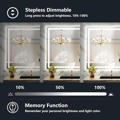 50x36 Inch LED Bathroom Mirror with Lights Front and Backlit Lighted Vanity Mirror for Bathroom Wall with 3 Colors Dimmable Anti-Fog Memory Shatter-Proof IP54 Waterproof Horizontal/Vertical
