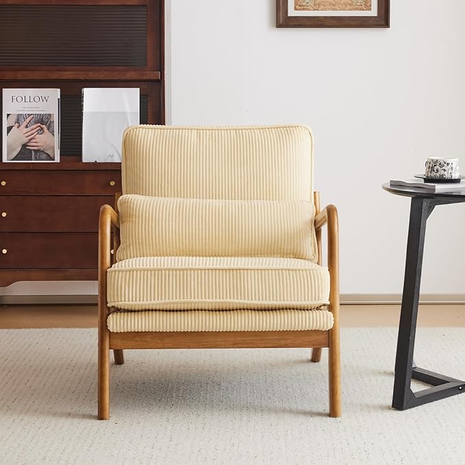 Karl home Mid-Century Modern Accent Chair, Living Room Chairs with Pillow Corduroy Upholstered Lounge Armchair with Solid Wood Frame & Soft Cushion for Bedroom, Reading Room, Beige & Yellow