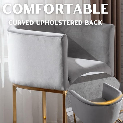 Contemporary Grey Velvet Bar Stool, 24" Upholstered Fabric Counter Height Barstool Kitchen Counter Island Stool with Screwed Together Golden Metal Base