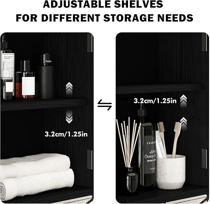 RUSTOWN Rattan Bathroom Wall Cabinet, Boho Over The Toilet Storage Cabinet with Arched Rattan Doors, Modern Medicine Cabinet with Adjustable Shelves & Towel Bar (Black, Small)