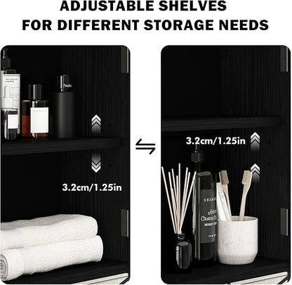 RUSTOWN Rattan Bathroom Wall Cabinet, Boho Over The Toilet Storage Cabinet with Arched Rattan Doors, Modern Medicine Cabinet with Adjustable Shelves & Towel Bar (Black, Small)