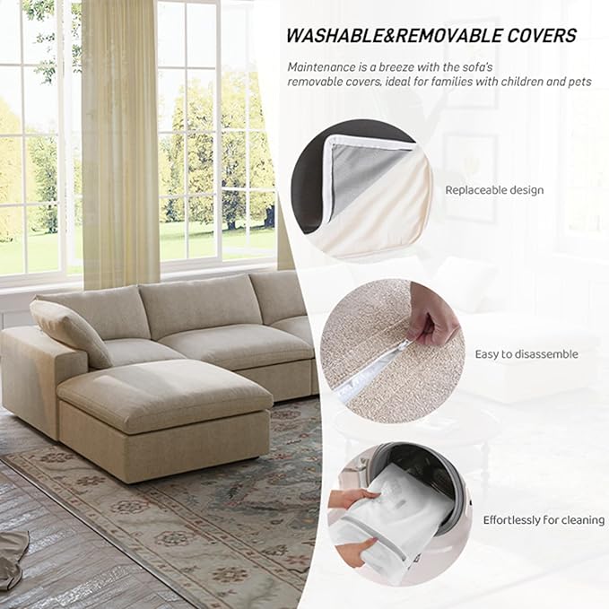 Cloud Modular Sectional Sofa for Livingroom,Large Down Filled Comfort Corner Sectional Sofa Couch with Ottoman,Wide Deep Seat Convertible Couches for Office Apartment,V Shaped,Khaki