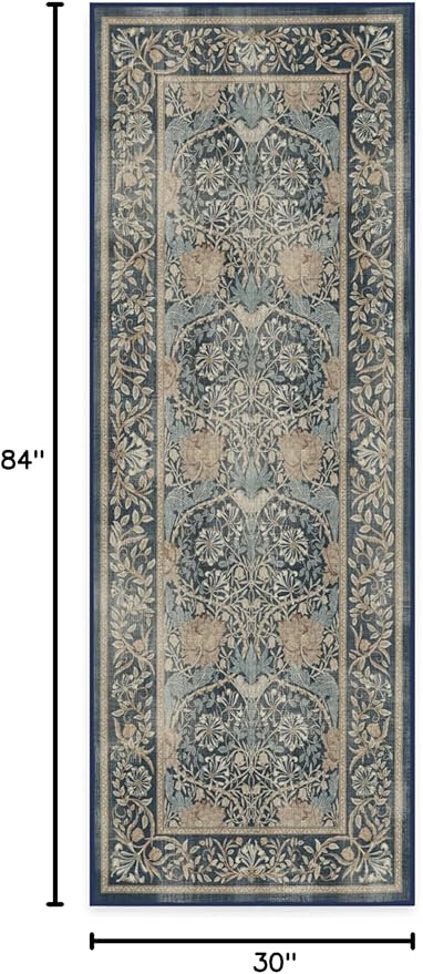RUGGABLE x Morris & Co Machine Washable Runner Rug – Honeysuckle & Tulip Blue 2.5x7, Stain-Resistant, Non-Slip – Washable Rug for Hallway, Entryway, Living Room & Kitchen–with Cushioned Pad