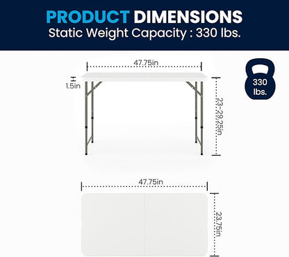 Flash Furniture 4' Rectangular Plastic Folding Event Table with Adjustable Legs and Carrying Handle, Bi-Fold Portable Banquet Table for Indoor/Outdoor Events, White
