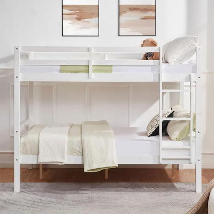 Softa Full Over Full Bunk Bed with Thick Posts,Wooden Bunk Bed with High Guardrail and Ladder for Kids, Teens, Dorm Rooms, and Guest Rooms,No Box Spring Needed,White