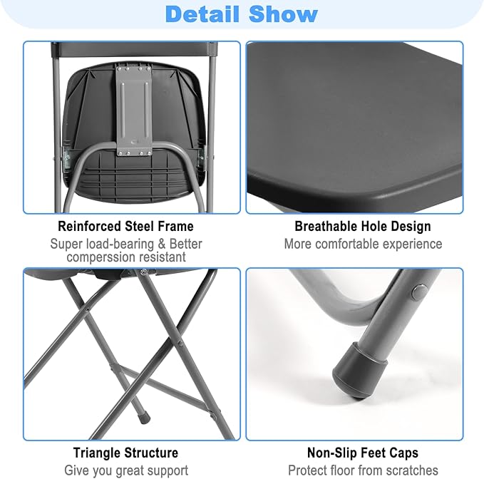60 Pack Plastic Folding Chairs, Portable Party Chairs, Stackable Commercial Seats with Steel Frame for Home Office Wedding Party Indoor Outdoor Events Chairs, 350lbs Capacity,Gray
