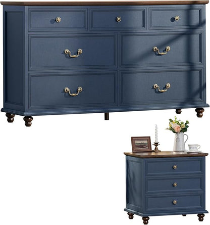 Farmhouse Dresser and Nightstand Sets, Wooden 7 Drawers Dresser & 24" Night Stand with 3 Drawers, 2 Piece Bedroom Furniture Set, Chest of Drawers for Bedroom, Home, Living Room, Hallway