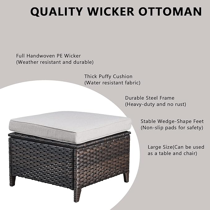 Rilyson Wicker Outdoor Patio Furniture Set - 4 Piece Patio Conversation Set with Swivel Rocker Chairs and Ottomans, 6 inch Cushions, High Back, Deep Seating, for Porch Deck Garden Brown/Beige