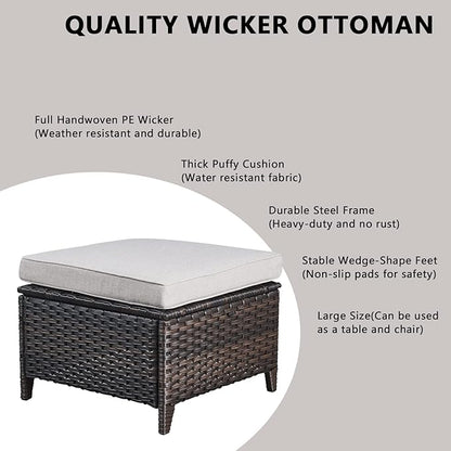Rilyson Wicker Outdoor Patio Furniture Set - 5 Piece Patio Conversation Sets with Swivel Rocker Chairs, Ottomans and Sofa, 6 inch Cushions, Waterproof Wicker, for Porch Deck Brown/Beige