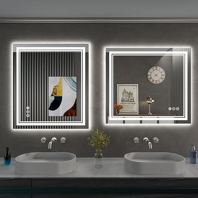 40 x 38 Inch LED Bathroom Mirror, Front Light and Backlit Anti-Fog Dimmable Memory Lighted Vanity Mirror, Shatterproof Wall-Mounted Led Mirror for Bathroom