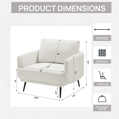 Mid-Century Accent Chair,Modern Oversized Armchair for Living Room,Comfy Upholstered Reading Accent Chairs for Bedroom,Single Sofa Chair (White-1PACK)