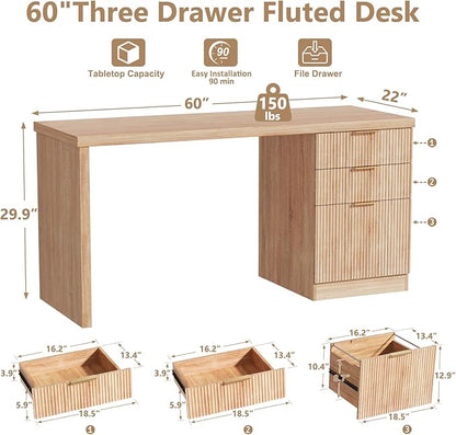 60'' Fluted Executive Desk with Drawers,Wood Home Office Desk with Storage Modern Fluted Computer Writing Desk for Study, Living Room, Bedroom,Natural Oak